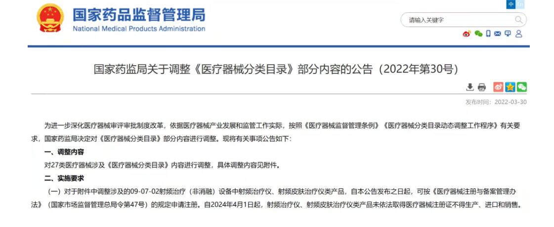 关于调整医疗器械分类目录部分内容公告具体如下